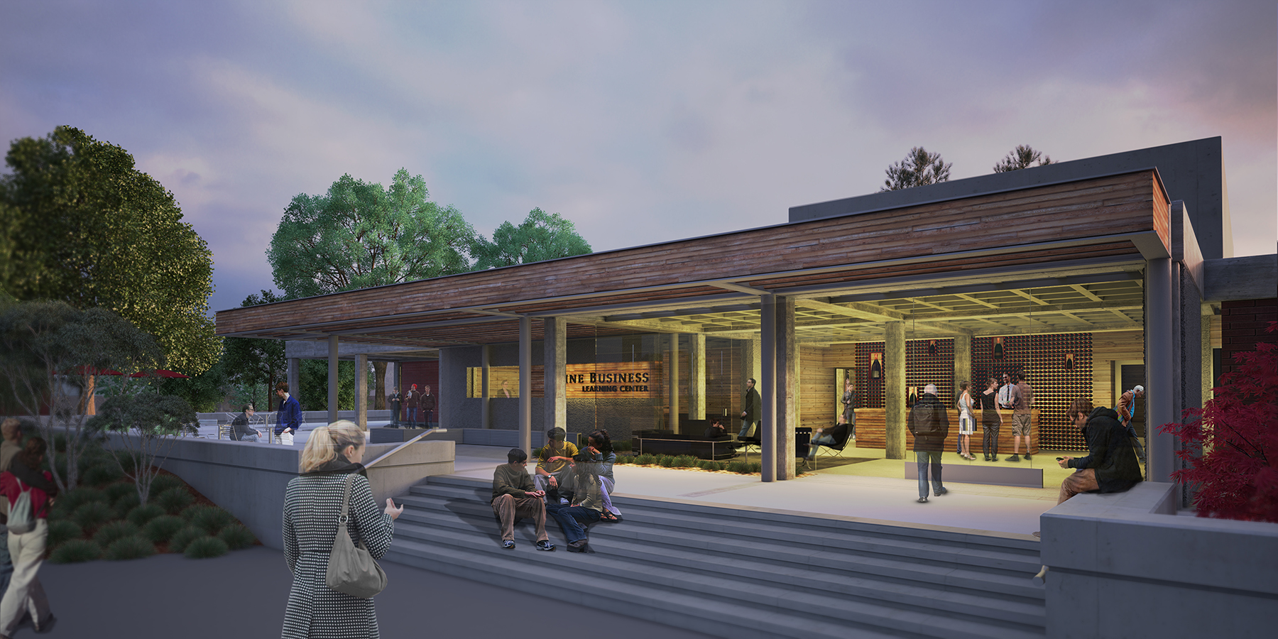 Wine Business Institute, Sonoma State University, TLCD Architecture, Rendering of Exterior Night